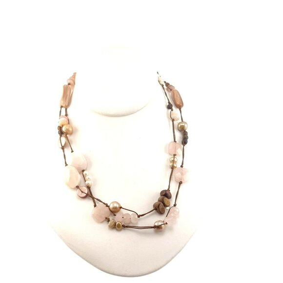 Handmade Multicolor Beaded Necklace With Rose Quartz Pearls & Wood Beads - Picture 1 of 8